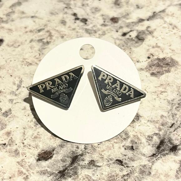 PRADA Triangle Logo Stud Earrings – Pierced, Stamped- Black/Silver - Picture 3 of 5